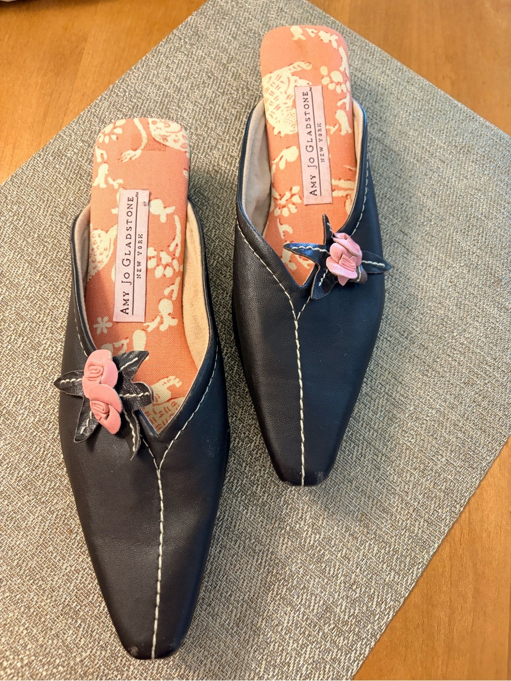 Slip-On Mules / pony heel with Pink Flower Accent